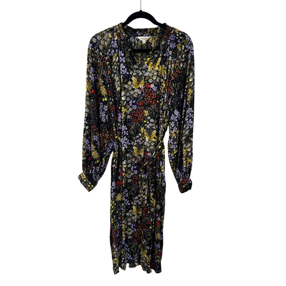 Per Una Navy Wild Garden Floral Shirt Dress Velvet Trim Belted Long Sleeve 10 - Picture 2 of 13